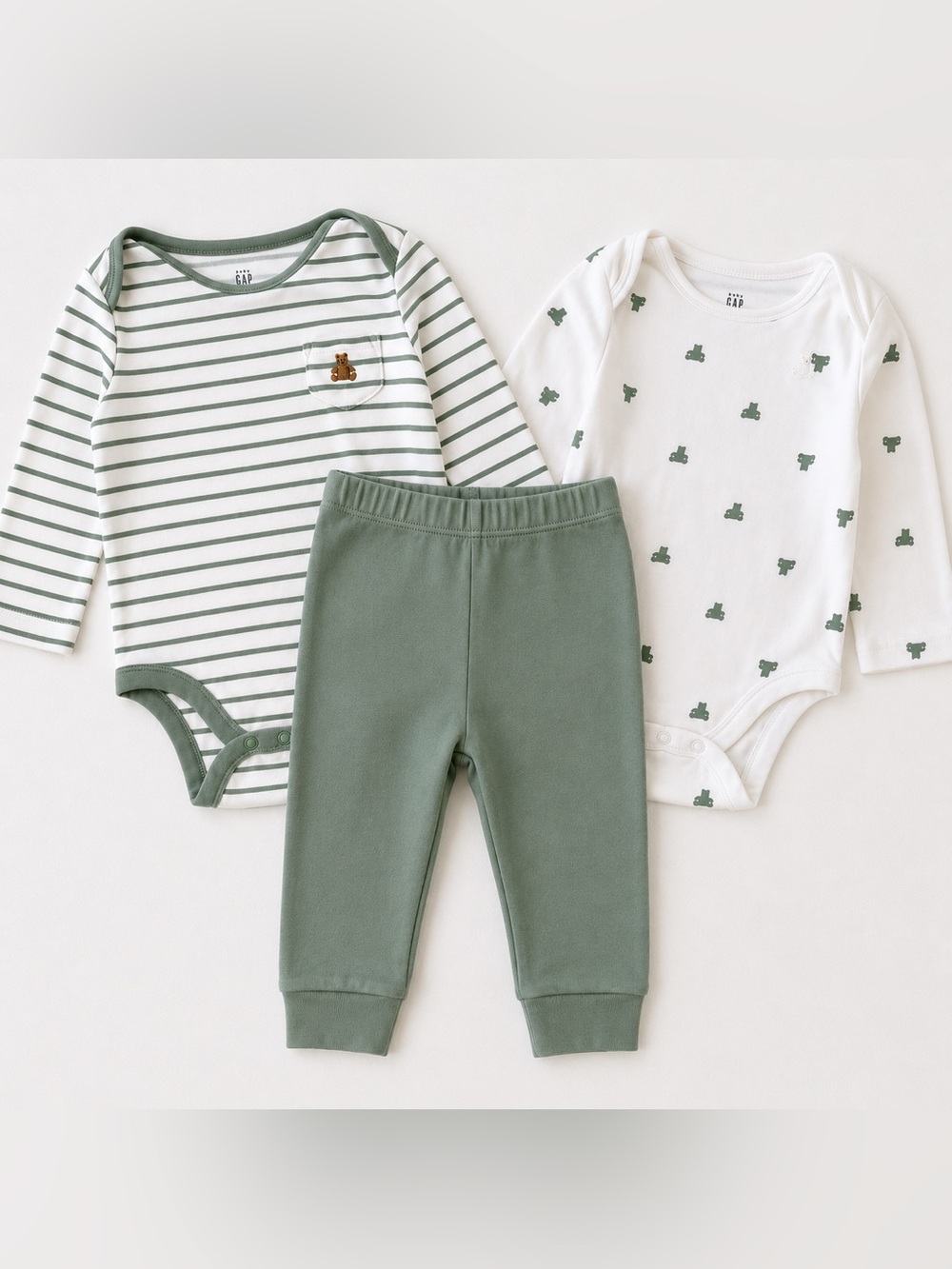 Baby Gap 3 Pc Outfit Set 6-9M Bear Stripe Bodysuits & Green Pants